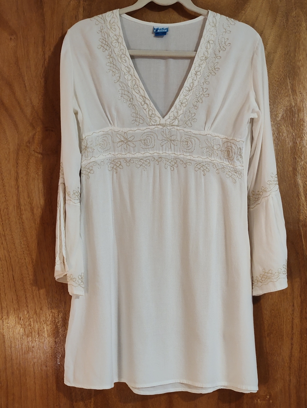 🌊Soaked Boho Swim Coverup White Metallic Gold Embroidery Bell Sleeves Beachy Sm